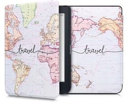 kwmobile e-reader hoesje geschikt voor Kobo Nia hoes - E reader flip case met magnetische sluiting - Ereader cover - Travel Wereldkaart design in zwart / meerkleurig