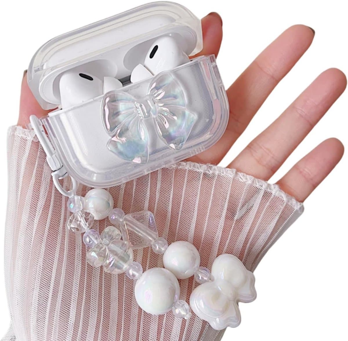 Transparante Beschermhoes met Strik en Hartjesketting voor AirPods Pro 2 - Schokbestendig TPU Hoesje — afbeelding 1