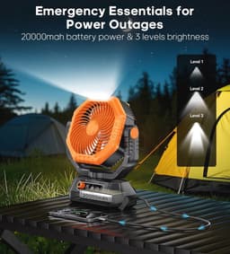 Campingventilator met LED-lantaarn - Oplaadbare 20.000 mAh Ventilator met Afstandsbediening en Haak - 270 Graden Draaibaar en Instelbare Snelheid voor Binnen en Buiten — thumbnail 4