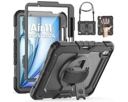 SEYMAC Hoes voor iPad Air 11-inch 7e/6e Generatie 2025/2024 M3/M2 - Zwaar Schokbestendige Hoes met Schermbeschermer, Pennenhouder, 360° Draaibare Standaard/Handriem en Schouderband - Zwart