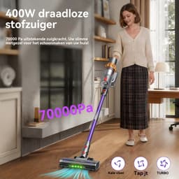 RAYOFI - Steelstofzuiger - Draadloze stofzuiger - 70000 PA zuigkracht - LED-display - Zakloos-werkt op batterijen - Geschikt voor dierenharen - Wordt geleverd met 4 verschillende opzetstukken - 3 zuigstanden - Anti-klit vloerborstel - 1,8 liter -Goud — thumbnail 2