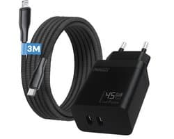 Snellader geschikt voor iphone 14 13 12 11 - 2 poorten snel oplader met oplaadkabel - 3 meter