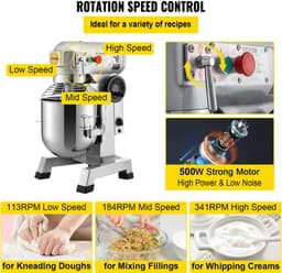 VEVOR Keukenmachine, Commerciële Kneedmachine met 15qt Rvs Kom, 850w Zware Elektrische Keukenrobot met 3 Snelheden 113/184/341rpm, Deeghaak Klopklopper Inbegrepen, Staande Mixer voor Bakkerij Pizzeria — thumbnail 4
