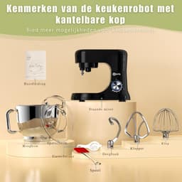 Deegmachine - Keukenmachine - Stille Roermachine - Incl. 5 Liter Roestvrijstalen Kom - 3 Mengaccessoires - Spatbescherming - Deegschraper En Eierscheider - Deegmachine Met 8 Standen - (Zwart) — thumbnail 5