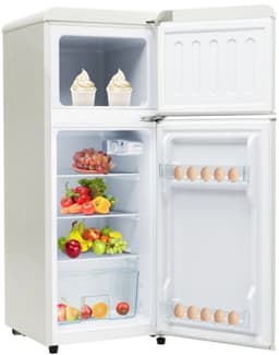 Retro koelkast. Koel-vriescombinatie, 105,5 cm hoog, 41 cm breed, twee deuren, met een totaal volume van 92 liter, vriesvolume van 28 liter. Deurvakken en glazen planken. 116 kWh/jaar, -27 °C ~13 °C, ledverlichting, wit — thumbnail 13