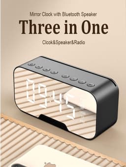 Wekker, Bluetooth speaker, radio, klok, spiegel en TF ingang. zwart — thumbnail 1