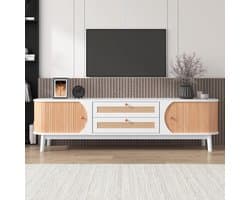 Tv-standaard met rotan zijkanten en massief hout - wit en houtkleur - 170 cm