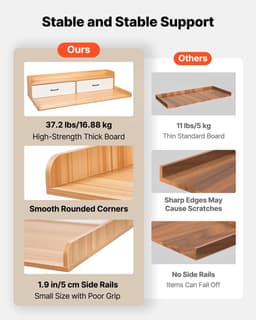 Werkblad voor Wasmachine en Droger - Opzetblad - Afmeting 137 x 69,9 cm - Met Opbergplank - Twee Lades - Haken - Draagvermogen 113 kg - Naturel Hout — thumbnail 2