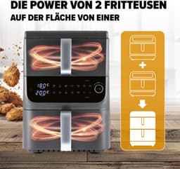 GOURMETmaxx FryUp dubbele kamer heteluchtfriteuse MultiSize - 10 l | verticale airfryer met 2 kamergroottes: minder verspilling van kookruimte | 10 programma's & led-touchdisplay | heteluchtfriteuse 2 kamers — thumbnail 13