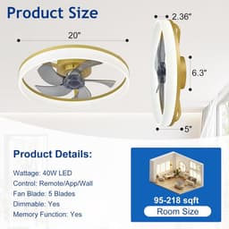 Gouden Plafondventilator 50 cm met Dimbaar LED Verlichting - Stijlvol en Stil — thumbnail 3
