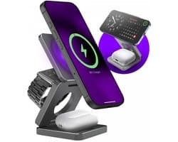 Buddi Power 3-in-1 Qi2 Draadloze Oplader 15W | Draadloos Oplaadstation Geschikt voor telefoons | Geschikt voor smart watches | Inklapbaar | Telefoonhouder | Grijs