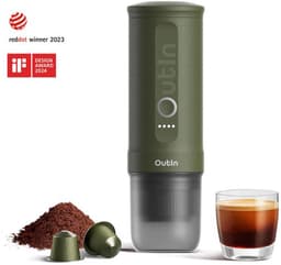 Outin - Draagbare Elektrische Espressomachine | Koffiezet apparaat voor Onderweg | Capsules & Gemalen Koffie | Portable Espresso Machine | Snelle Waterverwarming | 20 bar | Draagbare Koffiemachine | Reis & Camping Koffiezetapparaat | 12 volt — thumbnail 1