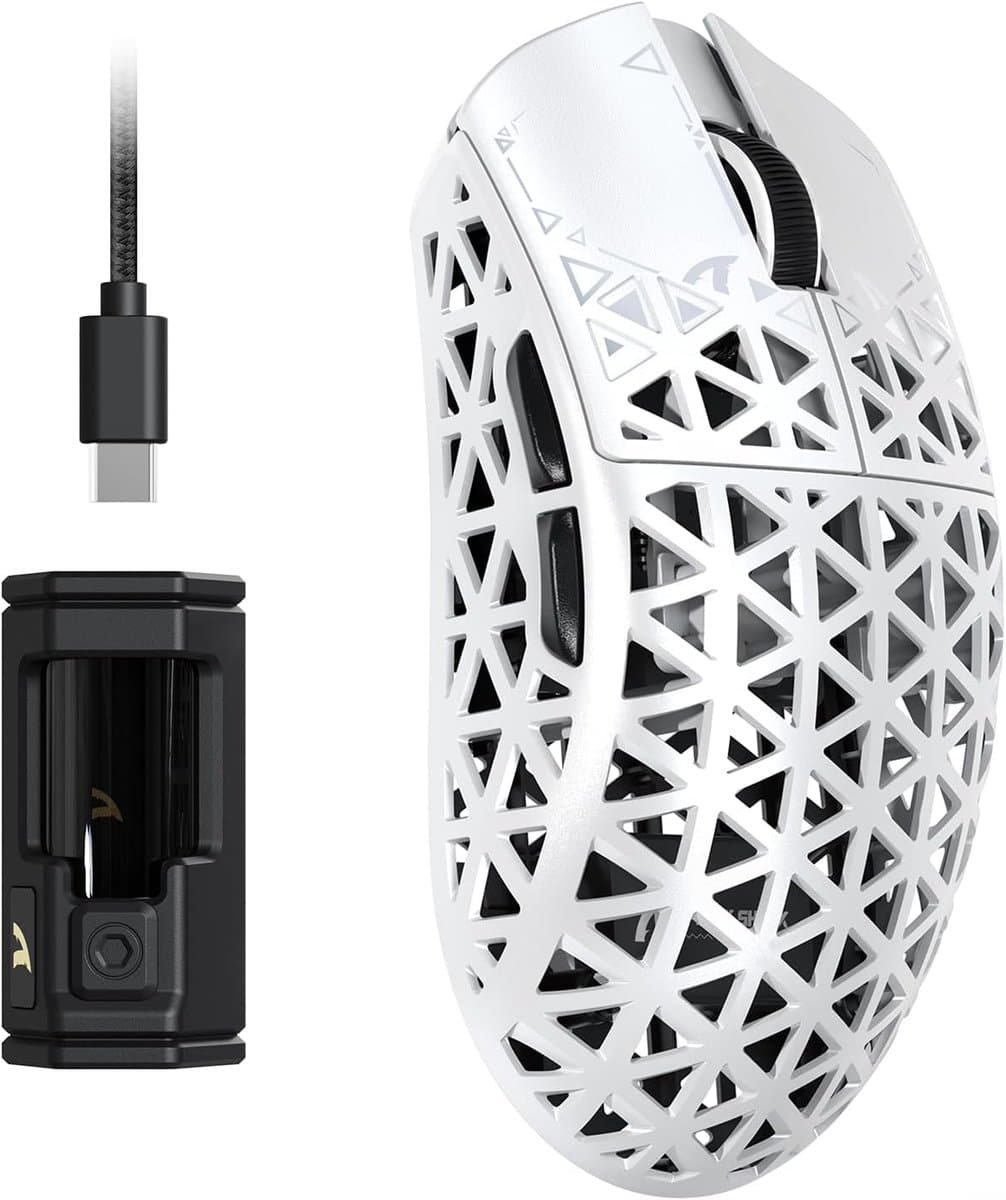 ATTACK SHARK R5 Ultra - Gamingmuis - Koolstofvezel Behuizing - 39g Ultralicht - HyperSpeed Draadloos - 2.4G / Bluetooth / USB-C Bedraad - PAW3950MAX Sensor - 8000Hz Pollingsnelheid - 42.000 DPI - Windows & Mac - Wit — afbeelding 1