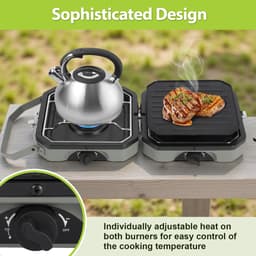 Draagbare gasbarbecue met 2 branders, campingkooktoestel met antiaanbakplaat en verchroomde roosters, veiligheidsuitschakeling — thumbnail 5