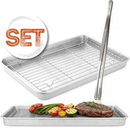 Braadslede met Afkoelrooster 304 RVS 26,4 x 20,5 x 3 cm + Zilveren Keukenpincet 25 cm – Oven, BBQ & Airfryer Set — thumbnail 1
