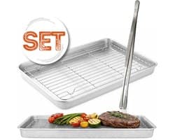 Braadslede met Afkoelrooster 304 RVS 26,4 x 20,5 x 3 cm + Zilveren Keukenpincet 25 cm – Oven, BBQ & Airfryer Set