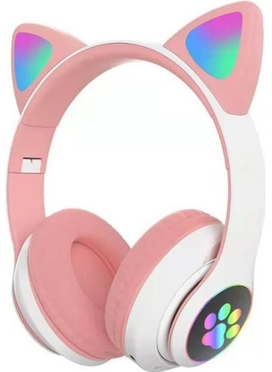 Bluetooth-koptelefoon met kattenoortjes voor meisjes, opvouwbare stereokoptelefoon met ledverlichting. Compatibel met PS4/pc/tablet/tv (roze + wit). — afbeelding 1