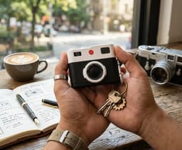 Zwart wit hoesje voor oordopjes unisex in retro camera vorm met karabijnhaak geschikt voor AirPods Pro 3 met reliëf details en compact ontwerp — thumbnail 4