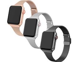 By Qubix - Geschikt voor Apple Watch bandje - 3 x Milanese slim fit bandje - Champagne goud + Zilver + Zwart - Geschikt voor Apple Watch 38 mm / 40 mm / 41 mm / 42 mm - Smartwatch bandje - iWatch milanees - smartwatchbandje