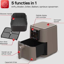 Turbotronic AF-250 Airfryer XL AirChef - 6L- Heteluchtfriteuse - Dual Heating - 50ºC tot 200ºC - 12 Kookprogramma's - Truffle Grey — thumbnail 9