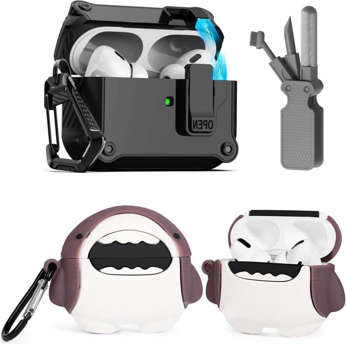 Beschermende grappige schattige haai hoes compatibel met Apple Airpods Pro - reinigingsset en sleutelhanger - 3-in-1 - 2e/1e generatie — afbeelding 1
