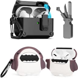 Beschermende grappige schattige haai hoes compatibel met Apple Airpods Pro - reinigingsset en sleutelhanger - 3-in-1 - 2e/1e generatie — thumbnail 1