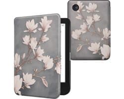 kwmobile e-reader hoesje geschikt voor Kobo Clara BW / Colour hoes - E reader flip case met magnetische sluiting - Ereader cover - Magnolia design in taupe / wit / blauwgrijs