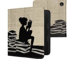 kwmobile e-reader hoesje geschikt voor Tolino Epos 3 hoes - E reader flip case met magneetsluiting - Ereader cover - Meisje met boeken design in zwart / beige