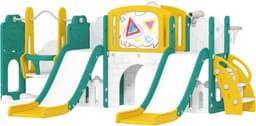 Kinderglijbaan 9-in-1 peuterglijbaan met basketbalmand, 2 glijbaan, klimrek, schommel, tunnel, verrekijker, scheurplank, kikkermotief en opbergdoos enz., voor binnen en buiten, voor 1-3 jaar — thumbnail 2