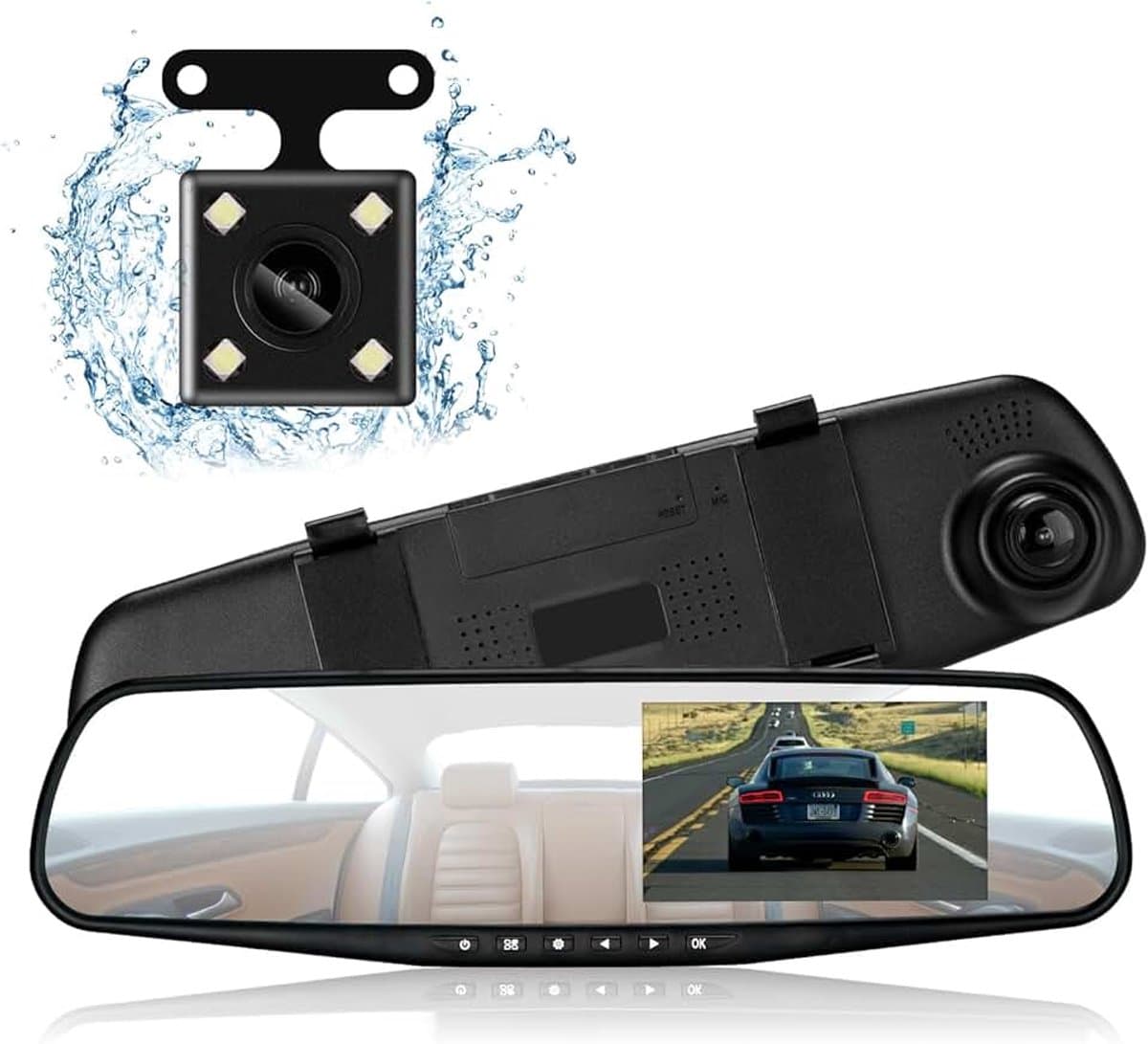 Dash Cam Spiegel Dash Camera Voor en Achter 1080P Full HD Video Auto Rijden Recorder Groothoek Dual Lens Dashboard Camera DVR met G-Sensor, Loop Recording Parking Mode Bewegingsdetectie (blauw) — afbeelding 1
