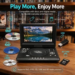 Draagbare DVD-speler 7,8 inch met Draaibaar HD-scherm, Oplaadbaar, 1 Stuk, Dubbele Luidsprekers, AV-uitgang, USB- en SD-kaartondersteuning, Ingebouwde Batterij, voor Auto, Reizen, Camping en Camper — thumbnail 2