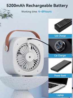 Draagbare airconditioner – Oplaadbare mini-airco (5200 mAh) met 3 snelheidsstanden, 5-10 uur gebruiksduur, stille bureauventilator, persoonlijke luchtkoeler voor thuis, slaapkamer, reizen, kantoor en buitengebruik.（Wit） — thumbnail 4