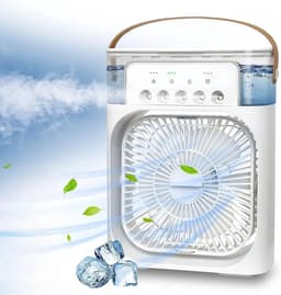 Deze 4-in-1 draagbare airconditioner combineert airconditioning, een ventilator, drie ventilatorsnelheden, een timer, een luchtbevochtiger (600 ml waterreservoir), USB-opladen, een luchtkoeler en een stille modus – in het wit. — thumbnail 1