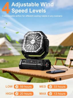 Campingventilator met LED Lantaarn 30000 mAh - Oplaadbare Tentventilator met Licht, Haak en USB - Desktopventilator voor Kamperen en Vissen - Zwart — thumbnail 5