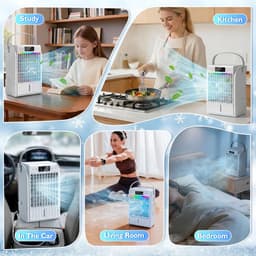 Sander Shop Mini-luchtkoeler, mobiel, 4-in-1 draagbare airconditioning, klein met afstandsbediening, 1500 ml watertank, 4 snelheden, 2 mistmodi, RGB-licht, timer, ventilator met waterkoeling voor keuken — thumbnail 3