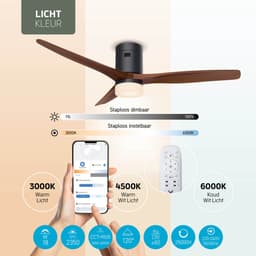 Varin® Smart Plafondventilator met verlichting - Ø 132cm - Zwart/Walnoot - LED CCT 18W - Super stil 20dB - 6 snelheden - Woonkamer - Slaapkamer - Tuya WiFi - App & Afstandsbediening — thumbnail 4
