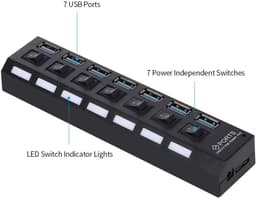 7-poorts USB HUB - USB Splitter Expander - Extra poorten creëren - Individuele AAN/UIT schakelaars - 16.5 cm - Zwart — thumbnail 4