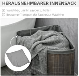 COVREO Wasmand 38x38x57 cm grijs, bamboe met deksel en uitneembare zak — thumbnail 5