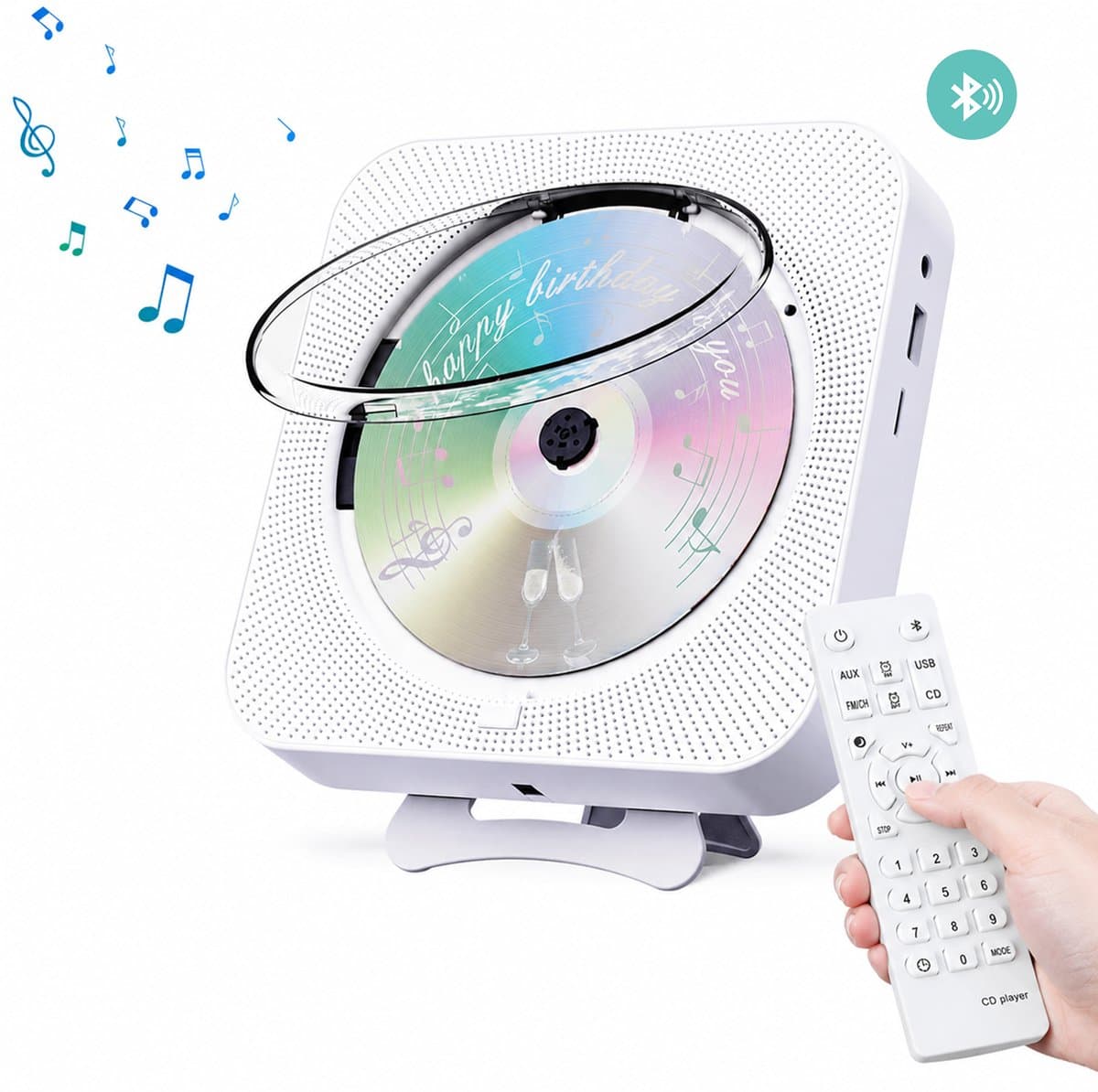 Bluetooth CD Speler voor Keuken, Slaapkamer en Woonkamer – Draagbare CD Speler met FM-radio en Ingebouwde Luidsprekers – Monteerbaar aan de muur en op tafel – Wit — afbeelding 1