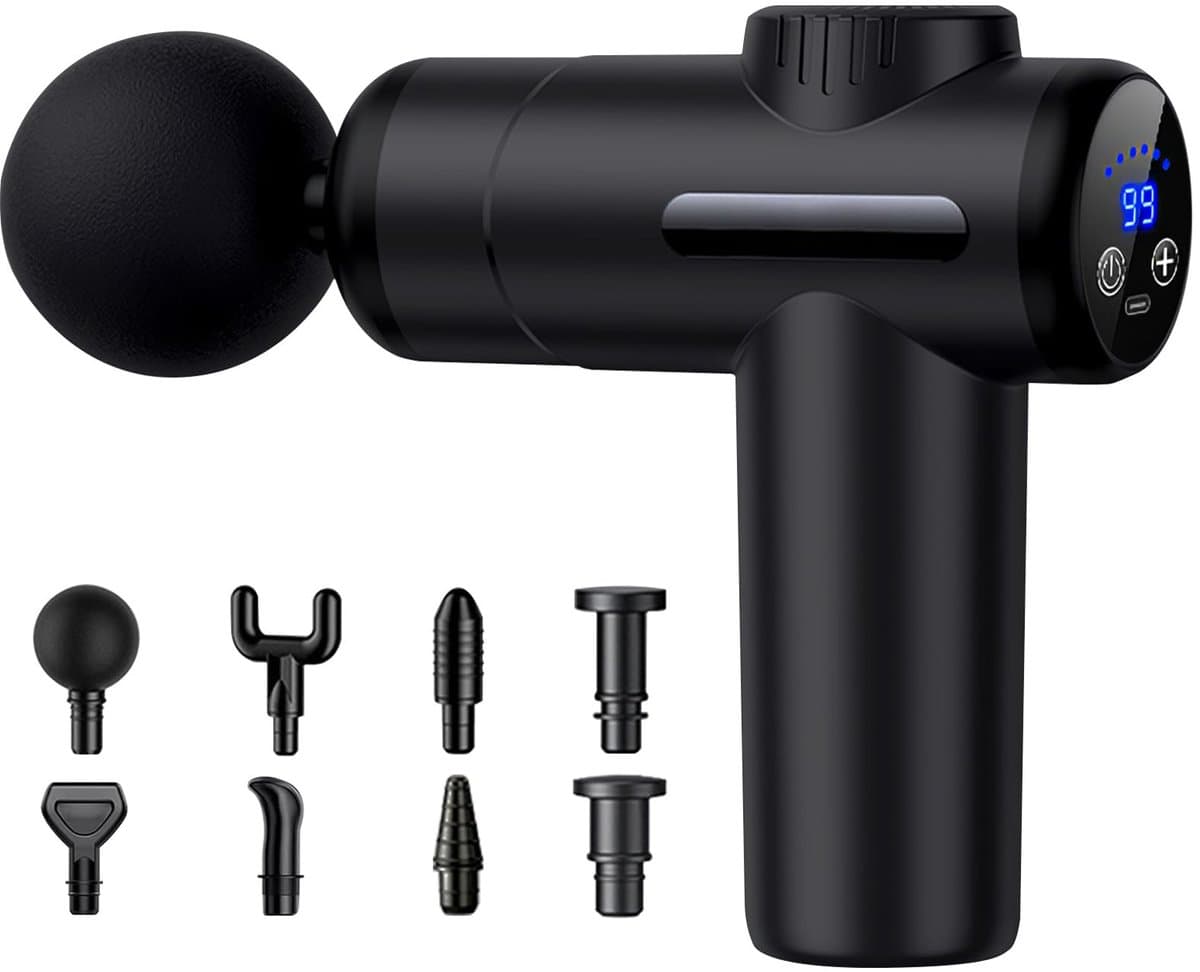 SnelShoppen - Mini-massagepistool met 99 snelheden, 8 massagekoppen, compact massageapparaat voor spierherstel, ontspanning en pijnverlichting — afbeelding 1