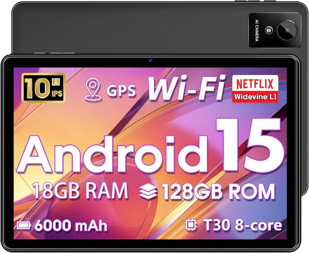 SnelShoppen - 10 inch Android 15 Tablet met 18GB RAM, 128GB ROM, 1TB Uitbreidbaar, Octa-Core, Dual Camera, 6000mAh, 2.4G+5G WiFi, GPS, Widevine L1 — afbeelding 1
