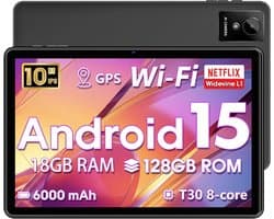 SnelShoppen - 10 inch Android 15 Tablet met 18GB RAM, 128GB ROM, 1TB Uitbreidbaar, Octa-Core, Dual Camera, 6000mAh, 2.4G+5G WiFi, GPS, Widevine L1