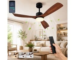 MUPOO Houtlook Plafondventilator met verlichting 132cm-Stil & Dimbaar - Zomer & Winterstand-Smart App & Afstandsbediening-6 Standen & Timer- ABS Houtlook Bladen-plafonniere met ventilator Voor Slaapkamer / Woonkamer — afbeelding 1