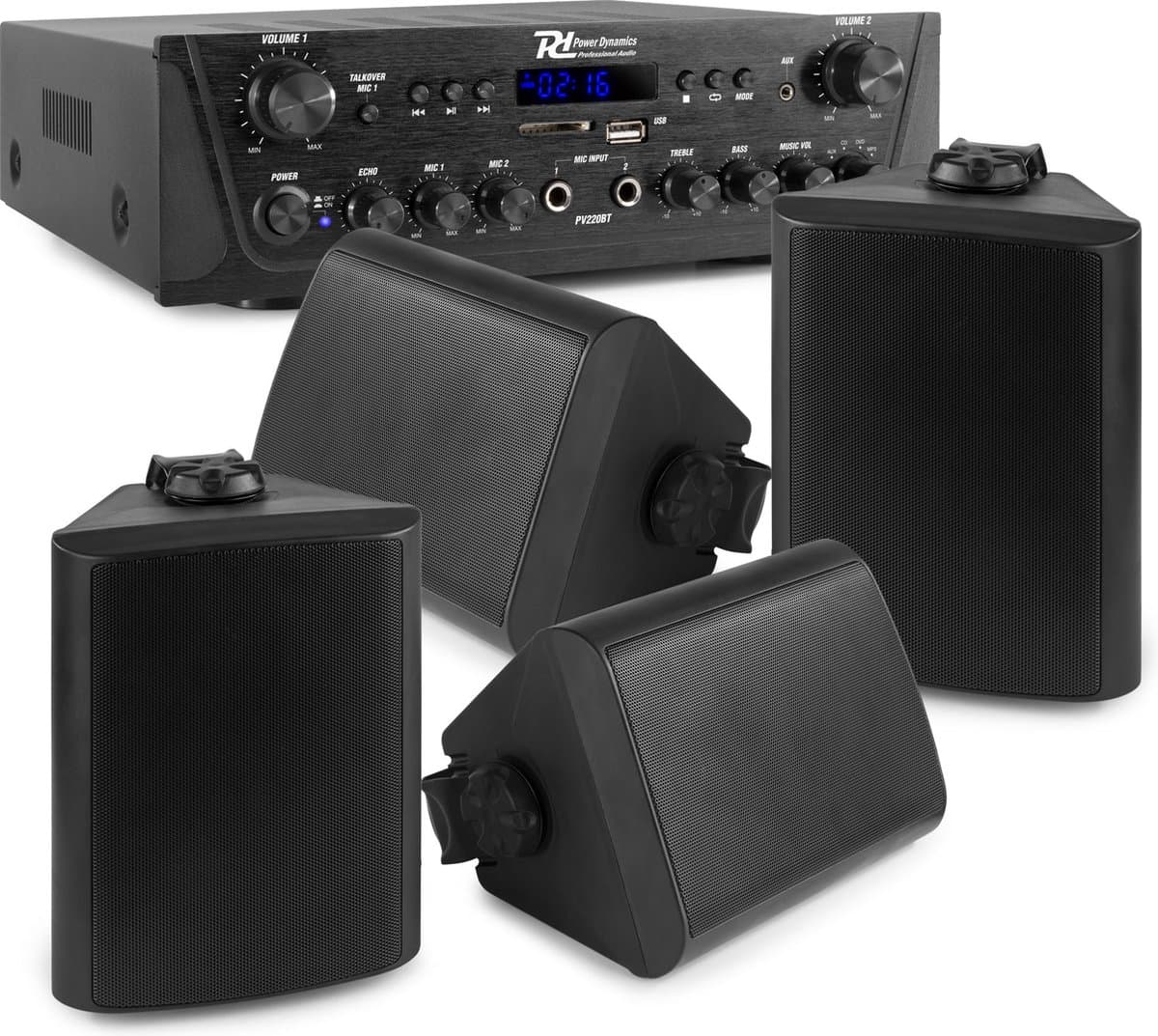 Geluidsinstallatie - Power Dynamics horeca geluidsinstallatie met Bluetooth en mp3 speler en 4 weerbestendige speakers - Zwart — afbeelding 1