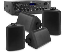 Geluidsinstallatie - Power Dynamics horeca geluidsinstallatie met Bluetooth en mp3 speler en 4 weerbestendige speakers - Zwart