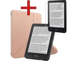 Hoes Geschikt voor Kobo Clara BW - Met Screenprotector - Luxe E-reader Trifold Case - Bescherm Hoesje Book Cover - Rosé Goud