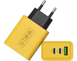 Oplader 65 Watt - 2 USB-C Poorten - 1 USB Poort - USB-C Stekker - USB-C Oplader - Kortsluitbeveiliging - Oververhittingsbeveiliging - Overlaadbeveiliging - Geschikt voor Smartphone - Universeel - Geel