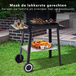 Barbecue Verrijdbaar - BBQ op Wielen - Houtskool BBQ - Buitenkeuken - 45x31cm - 6kg - Windscherm met Gleuven - 2 Wielen - Verstelbaar - Inclusief EBOOK — thumbnail 4