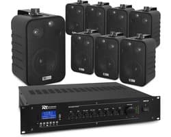 Power Dynamics installatie speakerset - Set van 8 speakers en versterker - Bluetooth - 100V - Zwart