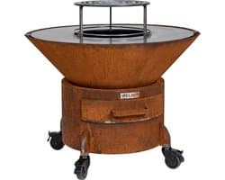 WELDED DRUM 800 Barbecue Vuurschaal - BBQ Lounge - cortenstaal - houtgestookt-standaard met wielen, aslade, regelbare luchttoevoer onder in vuurschaal waardoor veel minder last van rook, afdekplaat